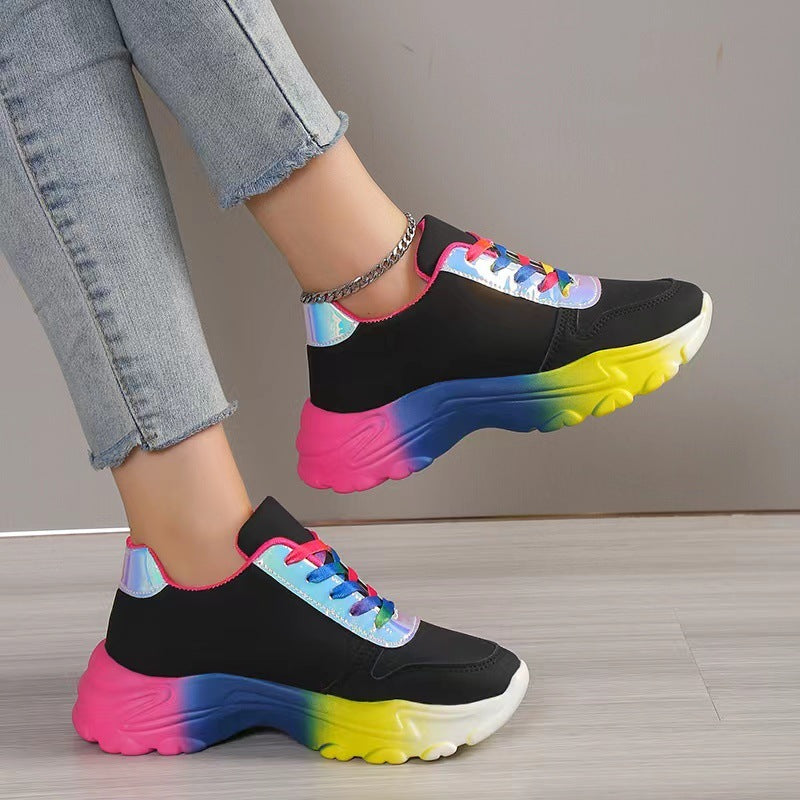 Chaussures de sport de couleur arc-en-ciel, chaussures de sport à lacets et à la mode | chaussures de marche légères et décontractées | style INS | pour femmes