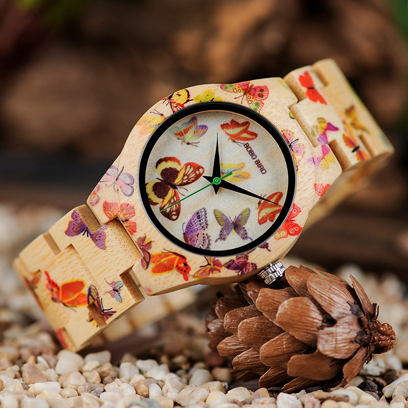 BOBO OISEAU O20 Papillon Impression Femmes Montres Tous Bambou Made Quartz Montre-Bracelet pour Dames dans Boîte Cadeau En Bois