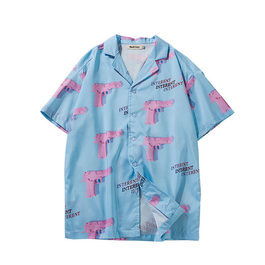 Turn-down Col Hawaii Style Hommes de Chemises D'été Rose Gun Plein Impression Chemise Décontractée Hommes