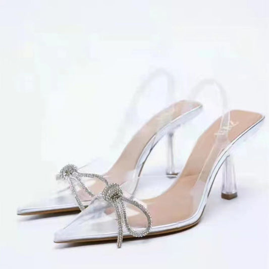 White Crystal Transparent Glitter High-heeled Mules