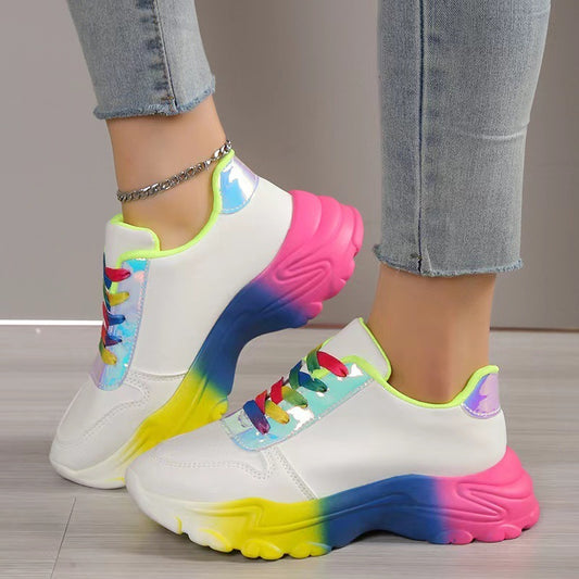 Chaussures de sport de couleur arc-en-ciel, chaussures de sport à lacets et à la mode | chaussures de marche légères et décontractées | style INS | pour femmes