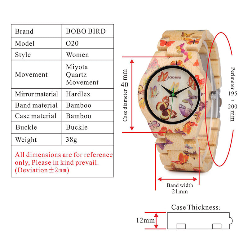 BOBO OISEAU O20 Papillon Impression Femmes Montres Tous Bambou Made Quartz Montre-Bracelet pour Dames dans Boîte Cadeau En Bois