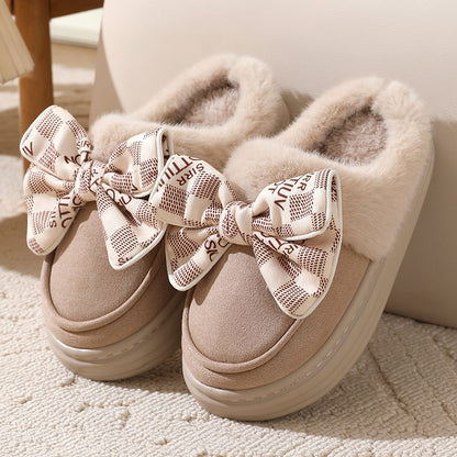 Pantoufles mignonnes en peluche Bowknot pour hiver, chaussures de maison à semelles épaisses pour femmes