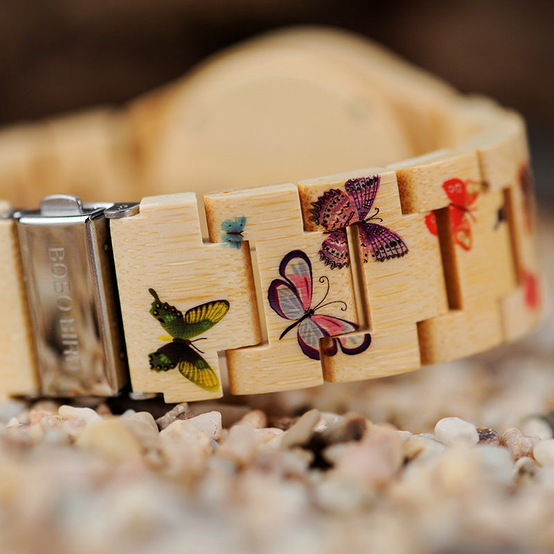 BOBO OISEAU O20 Papillon Impression Femmes Montres Tous Bambou Made Quartz Montre-Bracelet pour Dames dans Boîte Cadeau En Bois