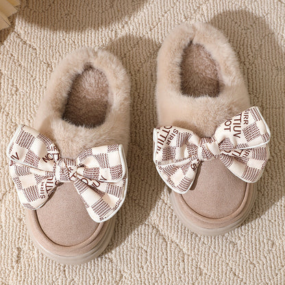 Pantoufles mignonnes en peluche Bowknot pour hiver, chaussures de maison à semelles épaisses pour femmes