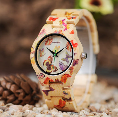 BOBO OISEAU O20 Papillon Impression Femmes Montres Tous Bambou Made Quartz Montre-Bracelet pour Dames dans Boîte Cadeau En Bois