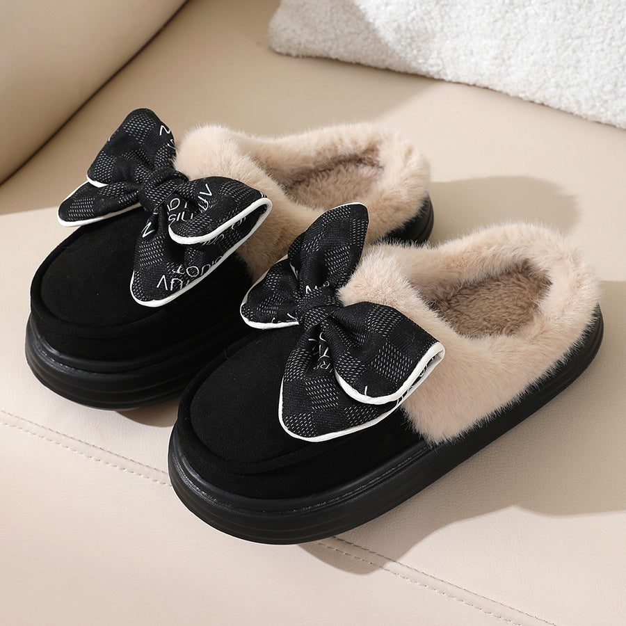 Pantoufles mignonnes en peluche Bowknot pour hiver, chaussures de maison à semelles épaisses pour femmes