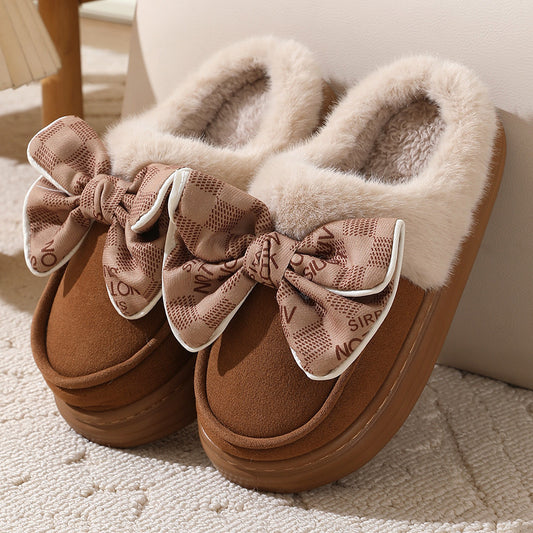 Pantoufles mignonnes en peluche Bowknot pour hiver, chaussures de maison à semelles épaisses pour femmes