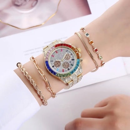 Montre-bracelet à calendrier unique en acier entièrement diamant pour femme