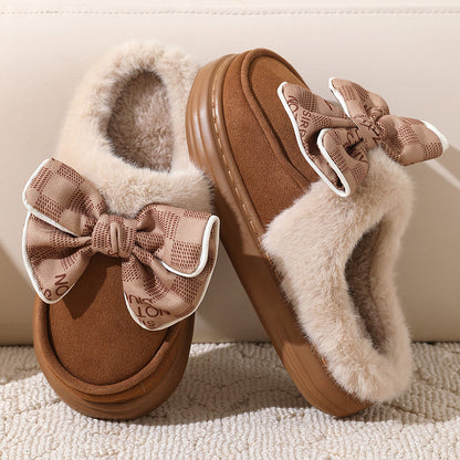 Pantoufles mignonnes en peluche Bowknot pour hiver, chaussures de maison à semelles épaisses pour femmes