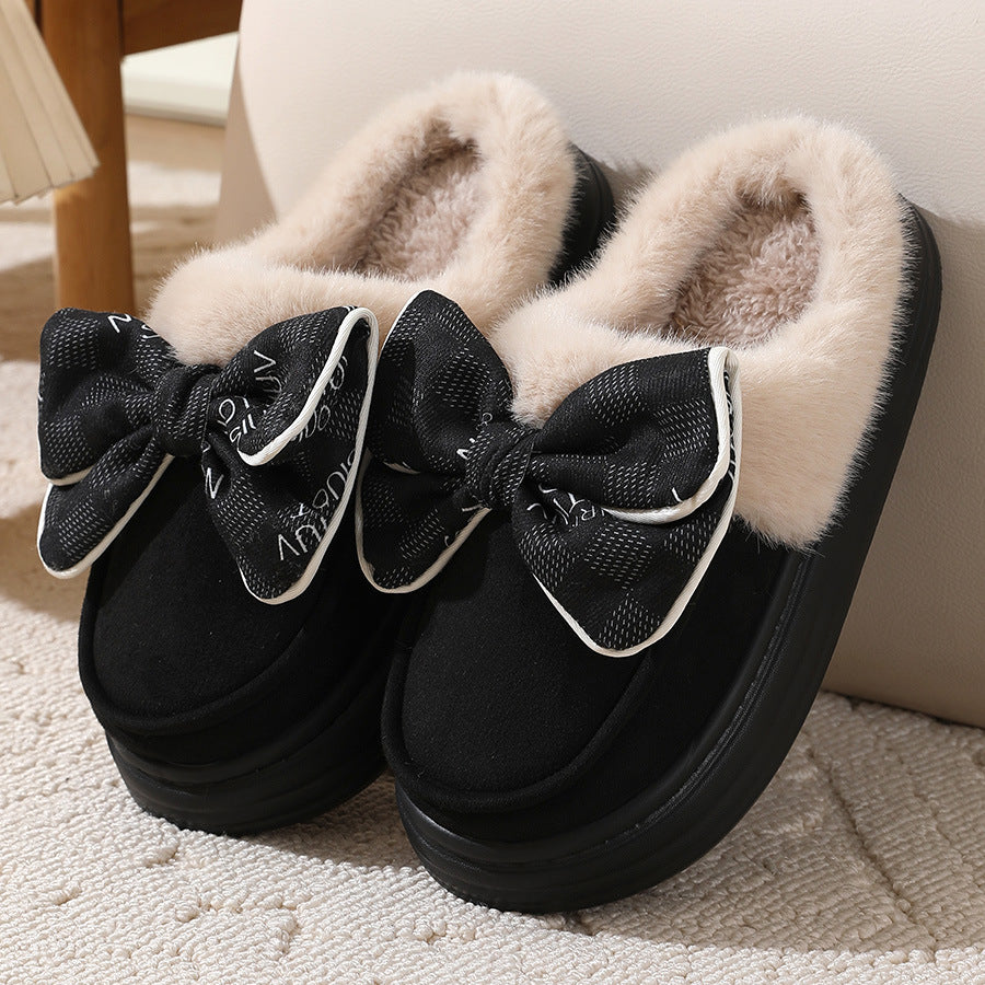 Pantoufles mignonnes en peluche Bowknot pour hiver, chaussures de maison à semelles épaisses pour femmes